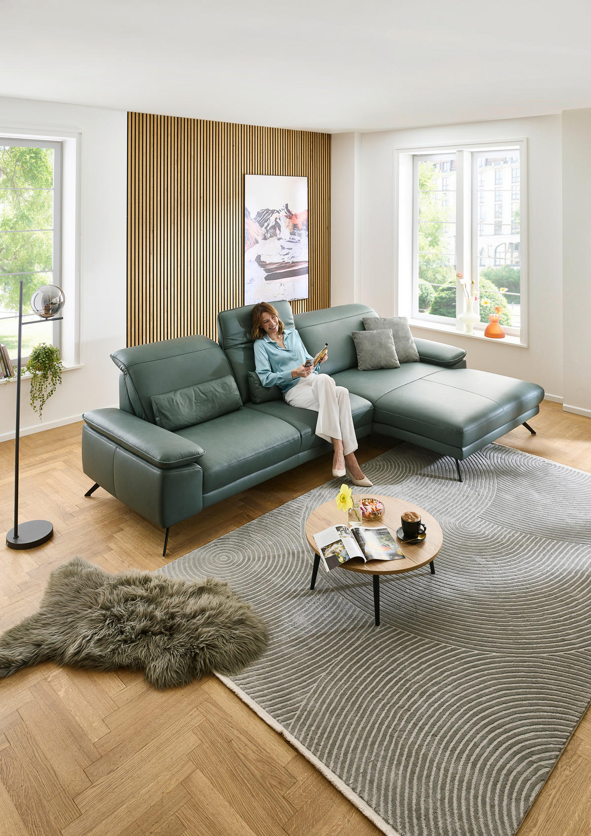 ECKSOFA Opal Echtleder  - Opal/Schwarz, Design, Leder/Metall (332/193cm) - Dieter Knoll