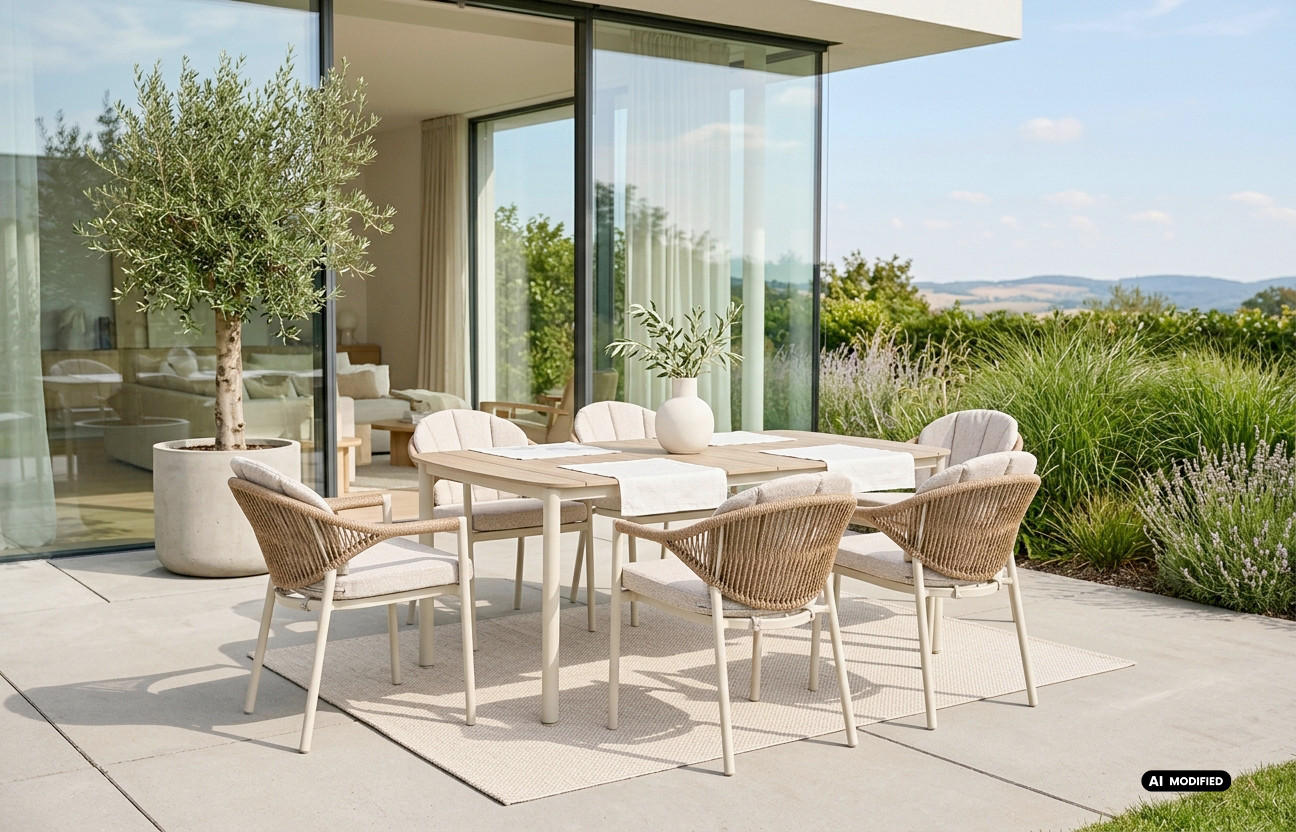 GARTENTISCHGRUPPE  - Beige/Braun, MODERN, Kunststoff/Textil - Gardenson