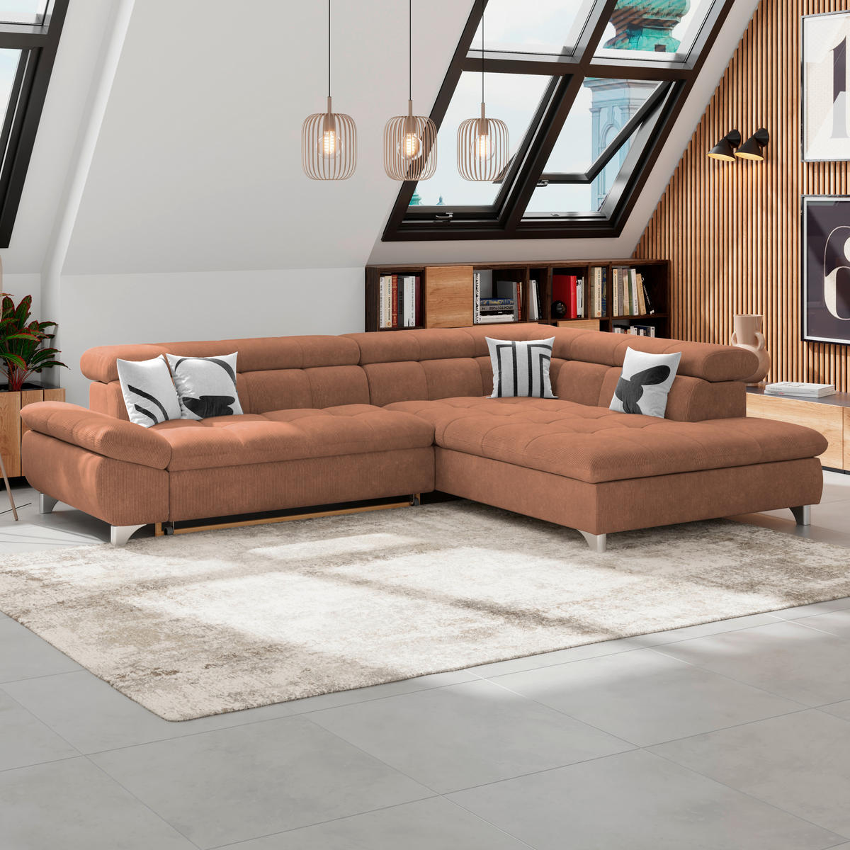 ECKSOFA Rotbraun Chenille  - Chromfarben/Rotbraun, KONVENTIONELL, Textil/Metall (312/234cm) - Livetastic
