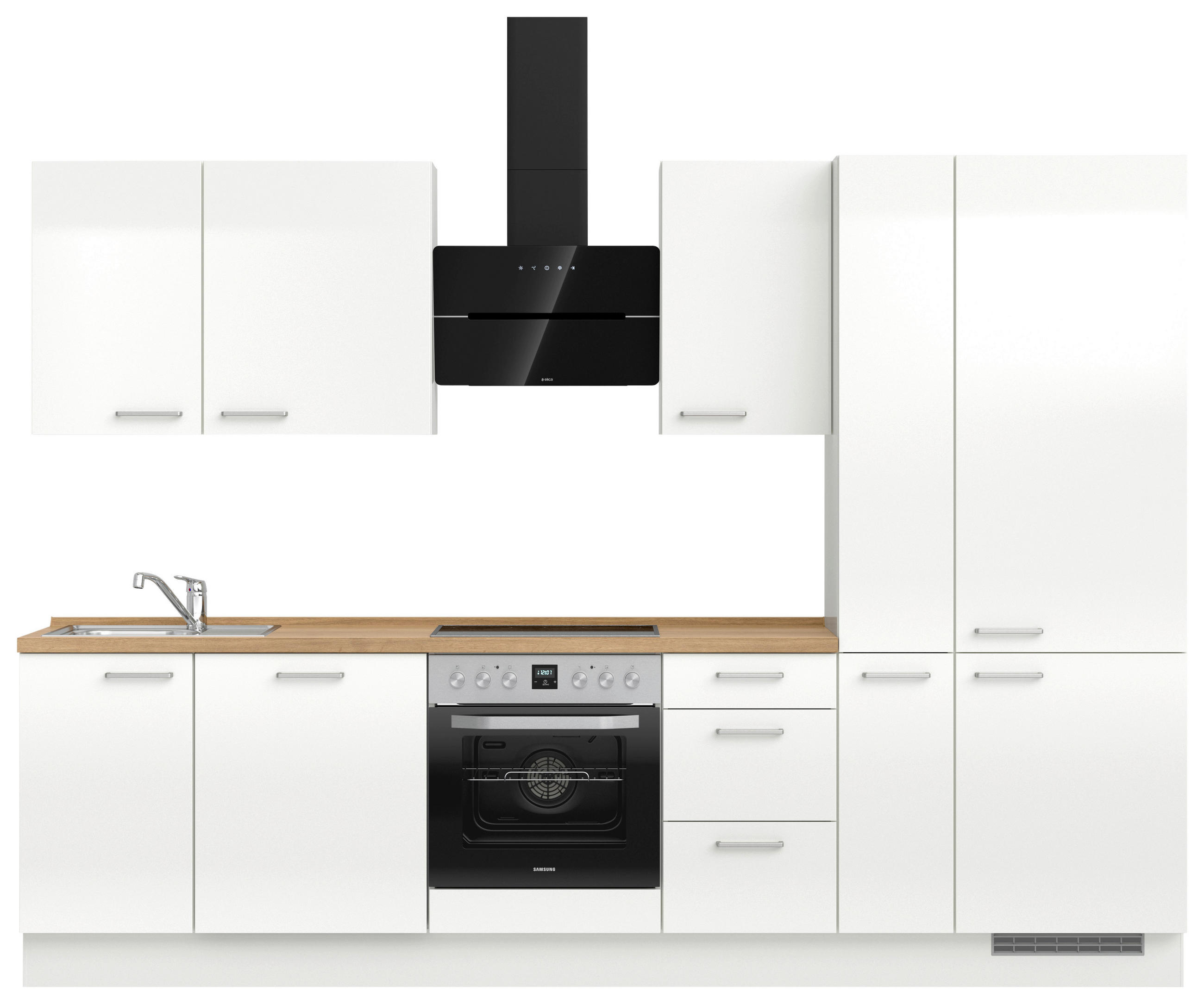 KÜCHENBLOCK 300 cm   in Eichefarben, Weiß Hochglanz  - Edelstahlfarben/Eichefarben, MODERN, Holzwerkstoff/Metall (300cm) - Nobilia