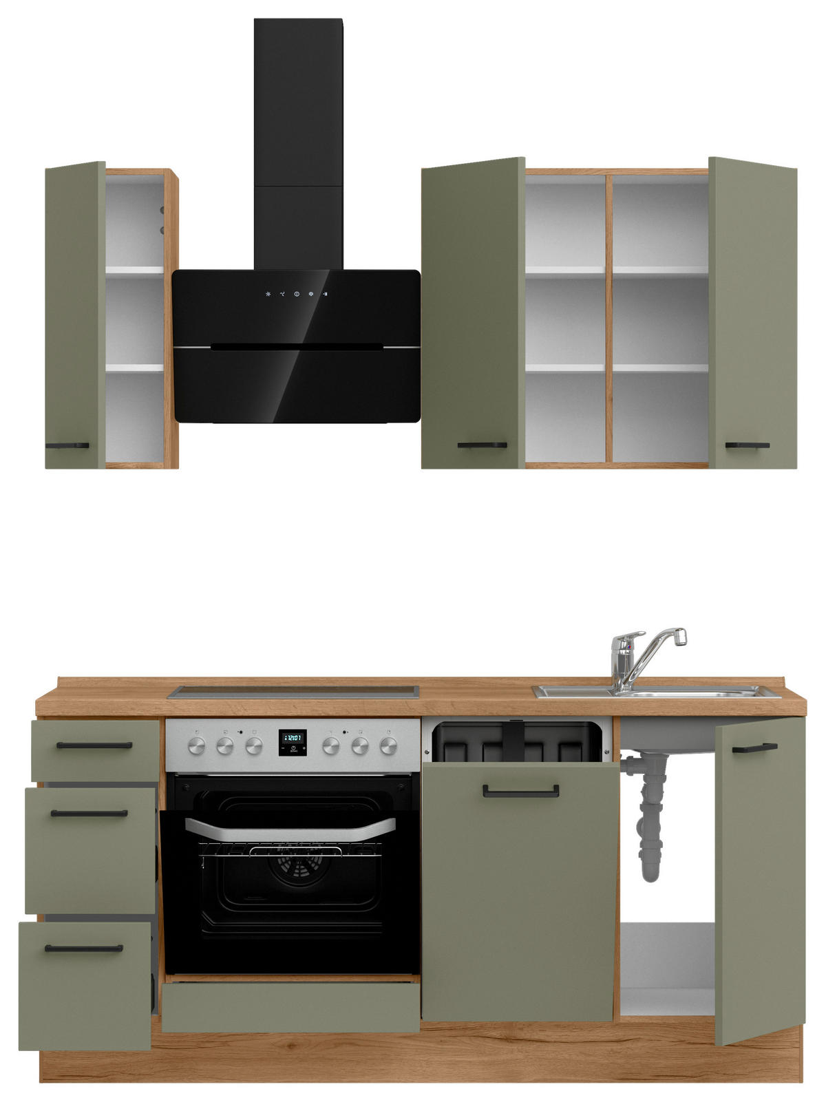 KÜCHENLEERBLOCK 180 cm   Eichefarben, Olivgrün  - Eichefarben/Schwarz, Romantik / Landhaus, Holzwerkstoff/Metall (180cm) - Celina