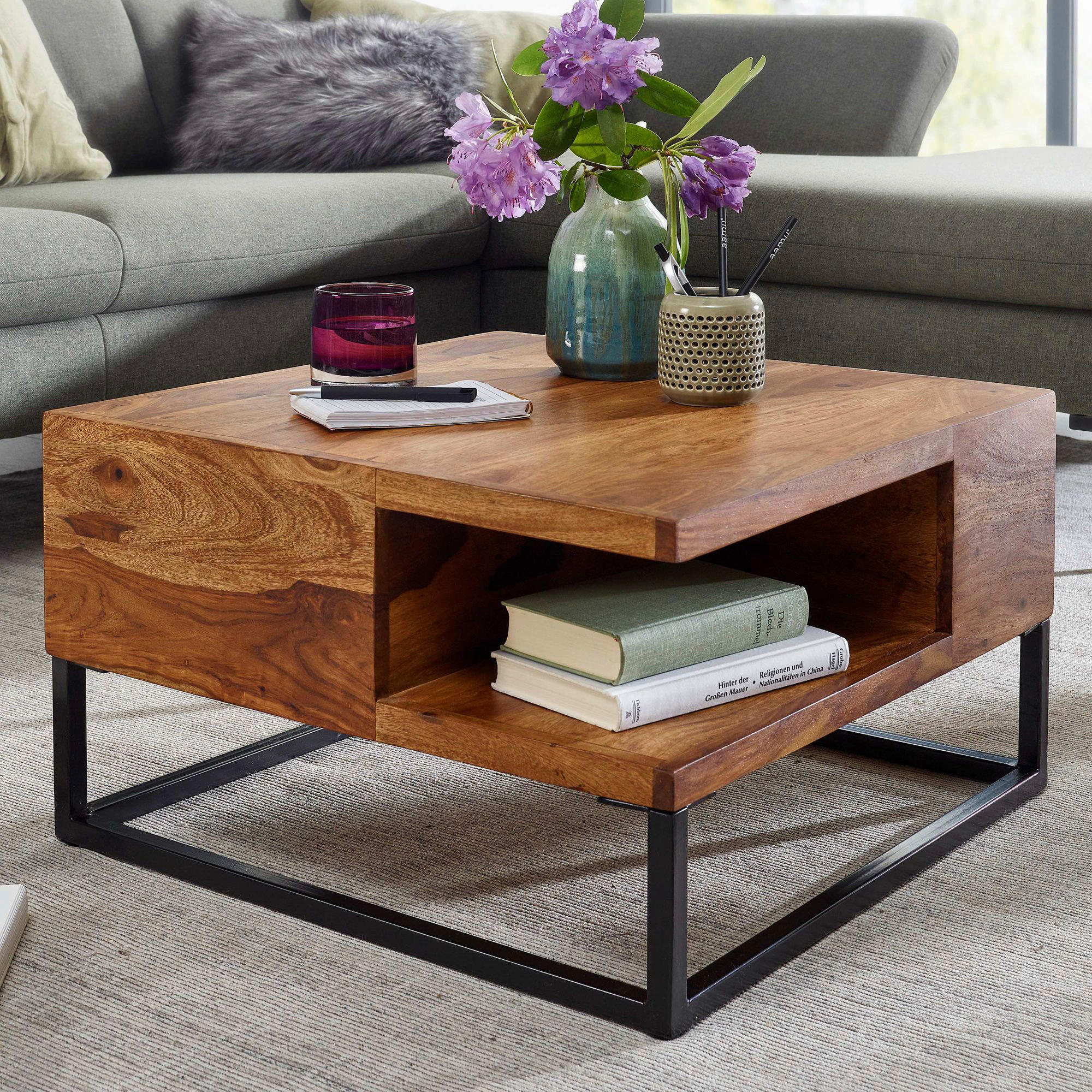 COUCHTISCH Sheesham massiv 60/60/34,5 cm quadratisch Sheeshamfarben  - Sheeshamfarben/Schwarz, MODERN, Holz/Metall (60/60/34,5cm) - MID.YOU