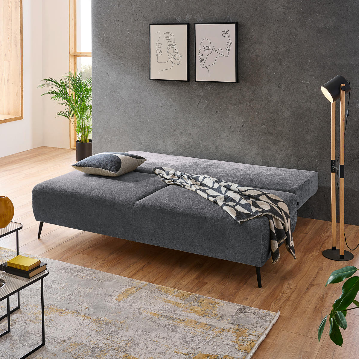 SCHLAFSOFA  mit Liegefunktion, Rücken echt Webstoff Grau  - Schwarz/Grau, MODERN, Textil/Metall (200/90/100cm) - Ti'me