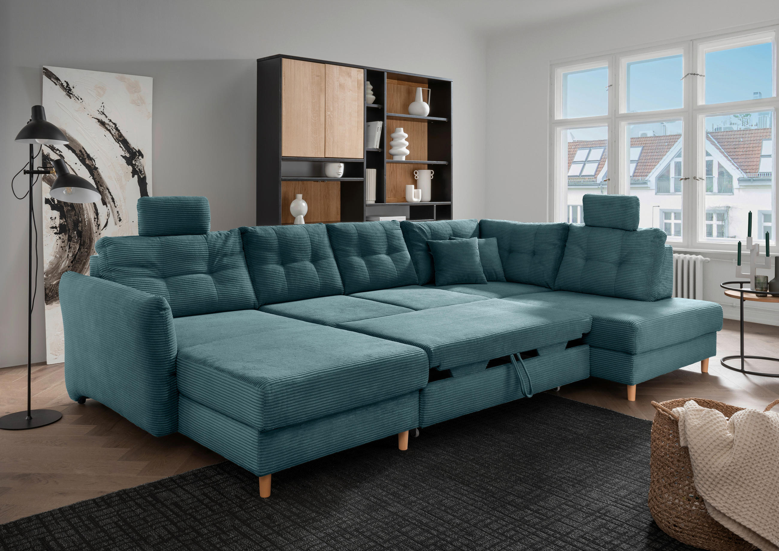 WOHNLANDSCHAFT in Cord Petrol - Petrol/Naturfarben, Modern, Holz/Textil (176/338-352/206cm) - Livetastic