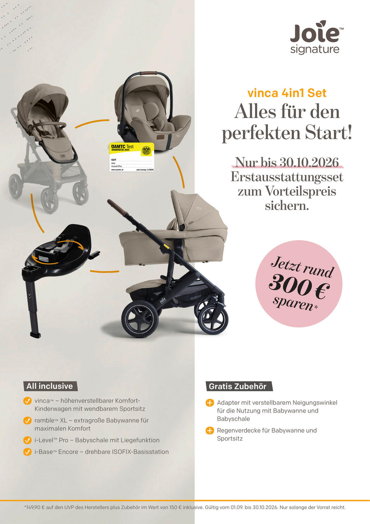 KINDERWAGENSET Vinca 4in1 inkl. i-Level Pro und i-Base Encore  - Greige/Schwarz, Basics, Metall (65/109/97cm) - JOIE SIGNATURE