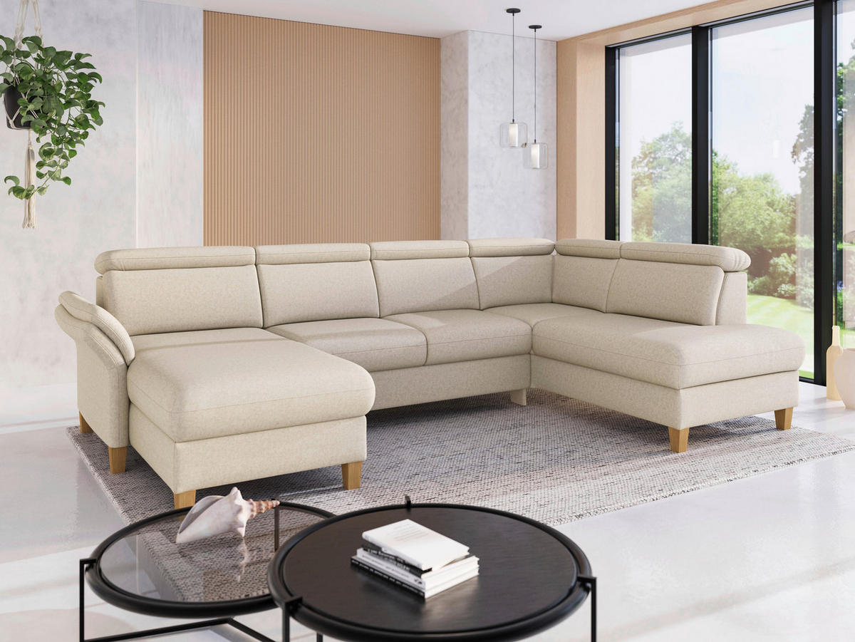 WOHNLANDSCHAFT GLENDALE E Creme Flachgewebe  - Eichefarben/Creme, KONVENTIONELL, Holz/Textil (166/321/193cm) - Sit & More