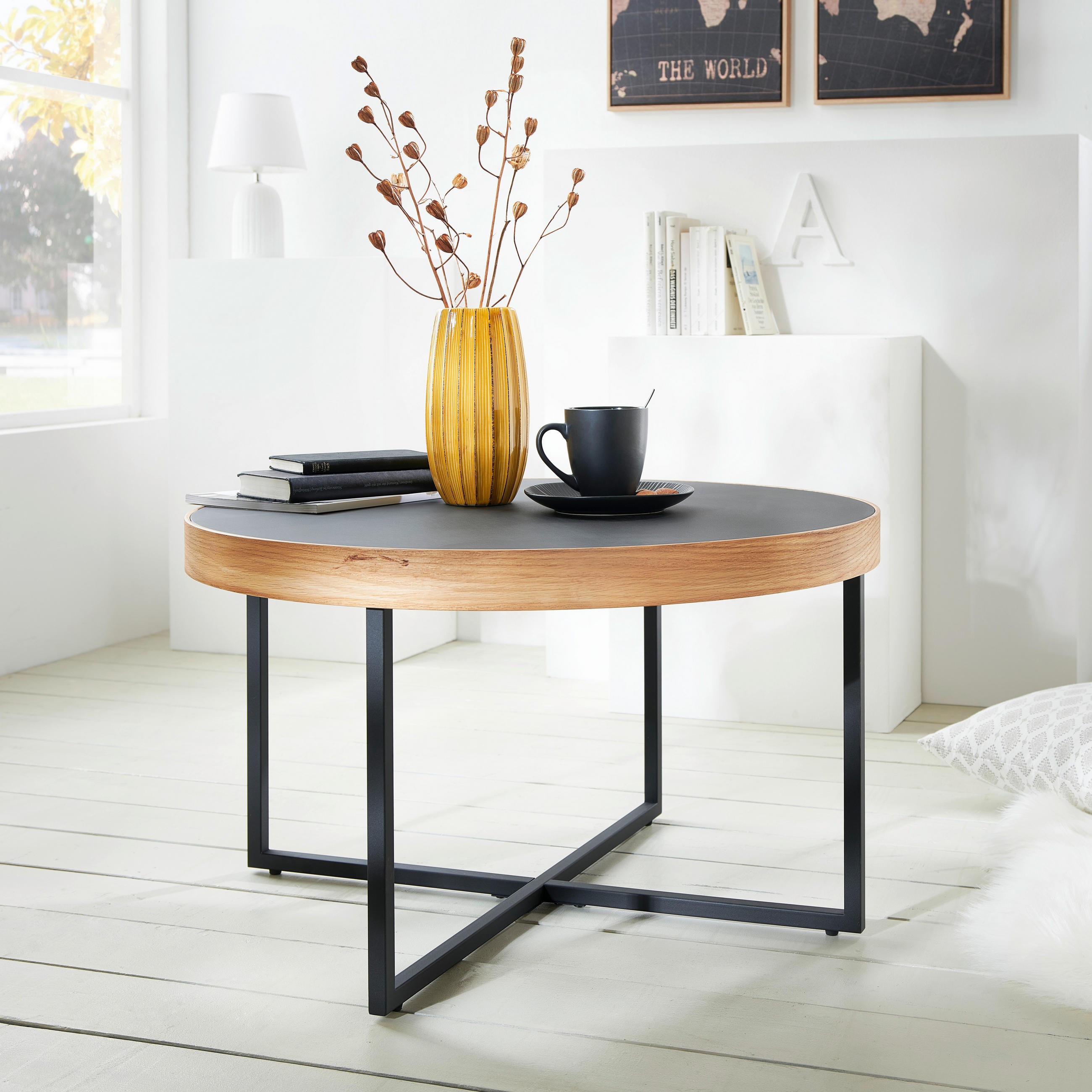 COUCHTISCH Eiche massiv rund Naturfarben, Schwarz - Schwarz/Naturfarben, MODERN, Holz/Metall (80/46,5cm) - Livetastic