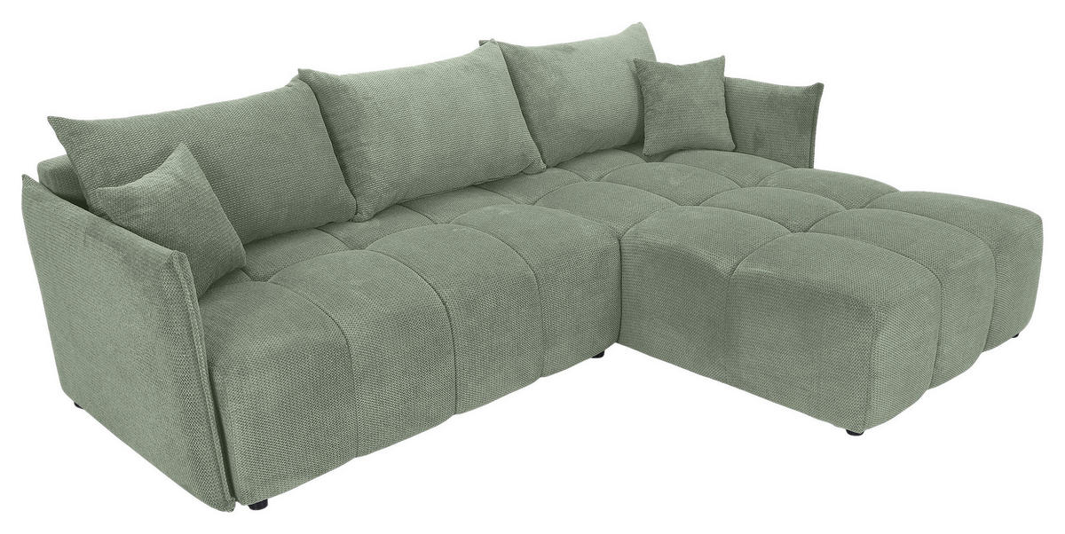 ECKSOFA Salbeigrün Plüsch Zierkissen, Rückenkissen, Bettkasten, Schlaffunktion, Rücken echt, Liegefläche im Originalstoff  - Salbeigrün/Schwarz, KONVENTIONELL, Kunststoff/Textil (253/192cm) - Carryhome