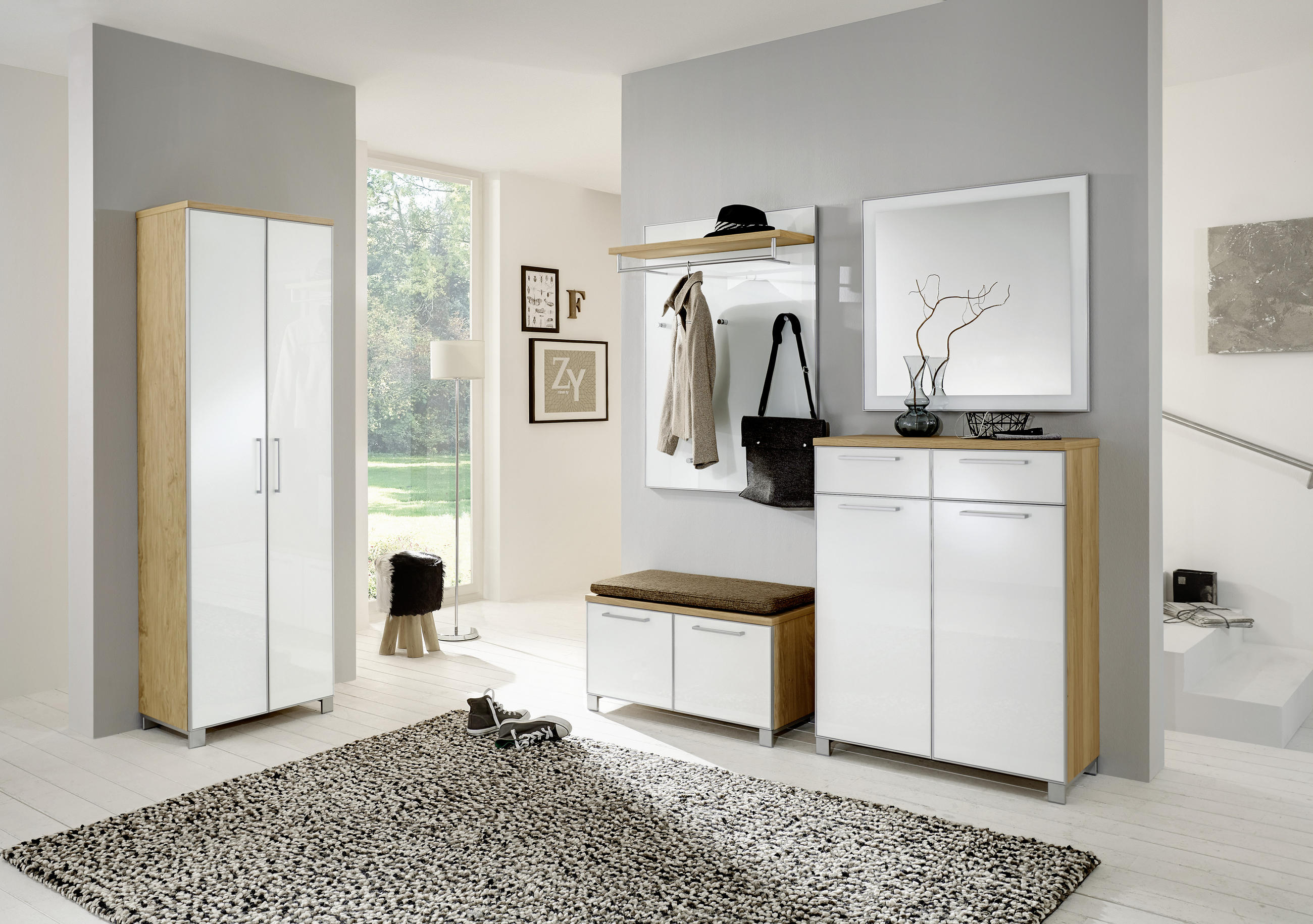 GARDEROBENBANK Eiche furniert Weiß, Eiche Bianco - Chromfarben/Eiche Bianco, Design, Glas/Holz (84/45/40cm)