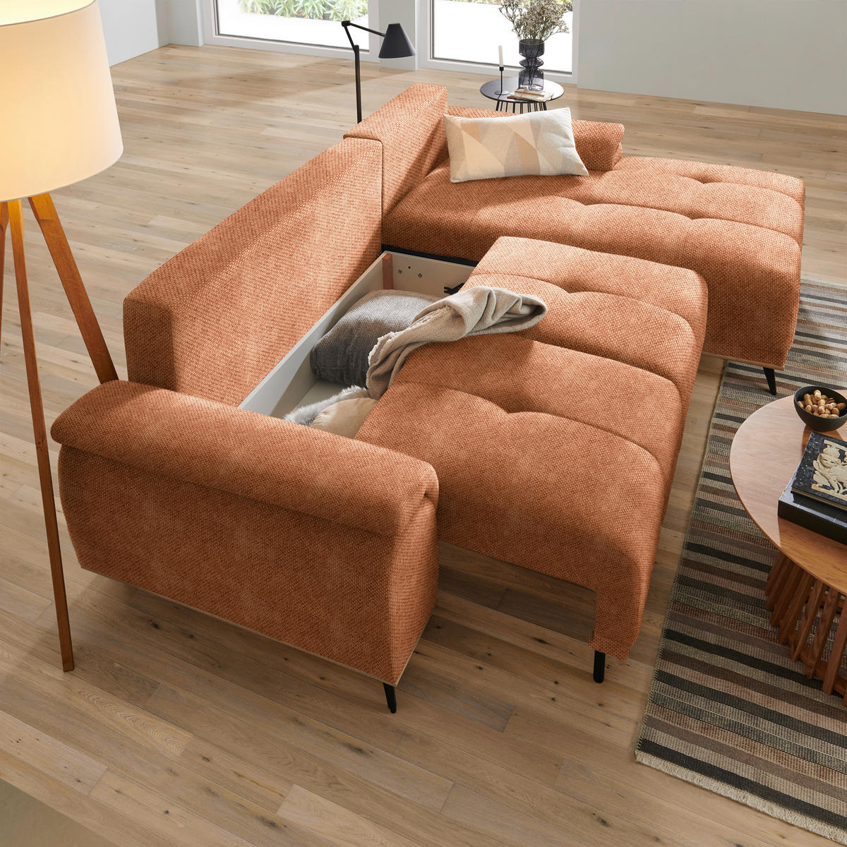 ECKSOFA in Struktur Rostfarben  - Rostfarben/Schwarz, Modern, Textil/Metall (262/168cm) - home24