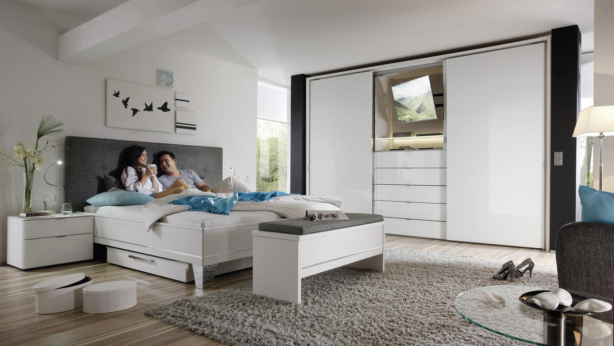 SCHWEBETÜRENSCHRANK in Weiss  - Chromfarben/Weiss, Design, Glas/Holzwerkstoff (300/240/68cm) - Moderano