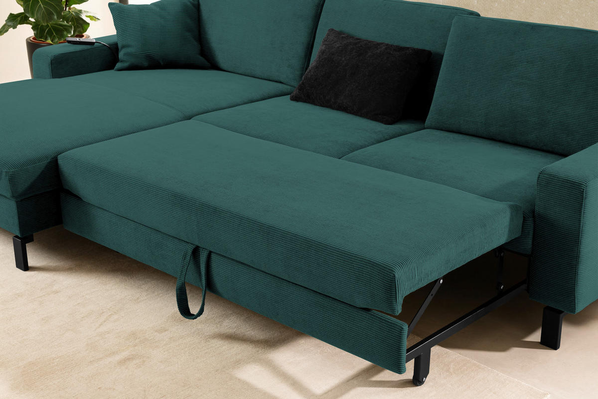 ECKSOFA in Cord Dunkelgrün  - Dunkelgrün/Schwarz, Design, Textil/Metall (185-209/298cm) - Pure Home Lifestyle