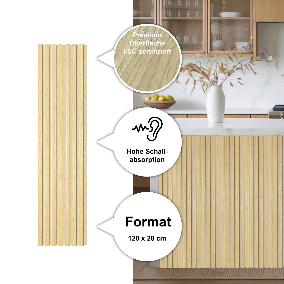 AKUSTIKPANEEL Lean  - Eichefarben/Beige, KONVENTIONELL, Holz/Kunststoff (120/28/1.6cm) - Novel