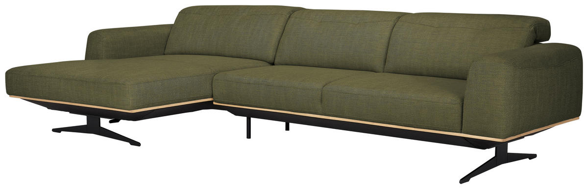 ECKSOFA in Struktur Olivgrün  - Eichefarben/Schwarz, Design, Holz/Textil (163/305cm) - Novel