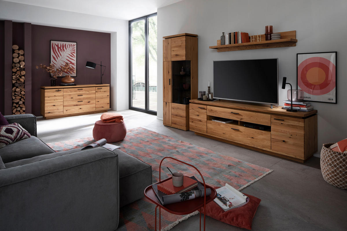 WOHNWAND 3-teilig  Eichefarben 300/204/50 cm  LED-Leuchtmittel   - Eichefarben/Schwarz, Natur, Glas/Holz (300/204/50cm) - Linea Natura