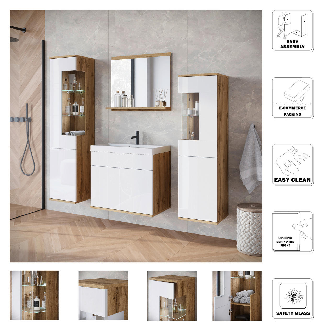 BADEZIMMER 5-teilig  in 120,4 cm  - Weiß Hochglanz/Eiche Wotan, Trend, Glas/Keramik (120,4cm) - P & B