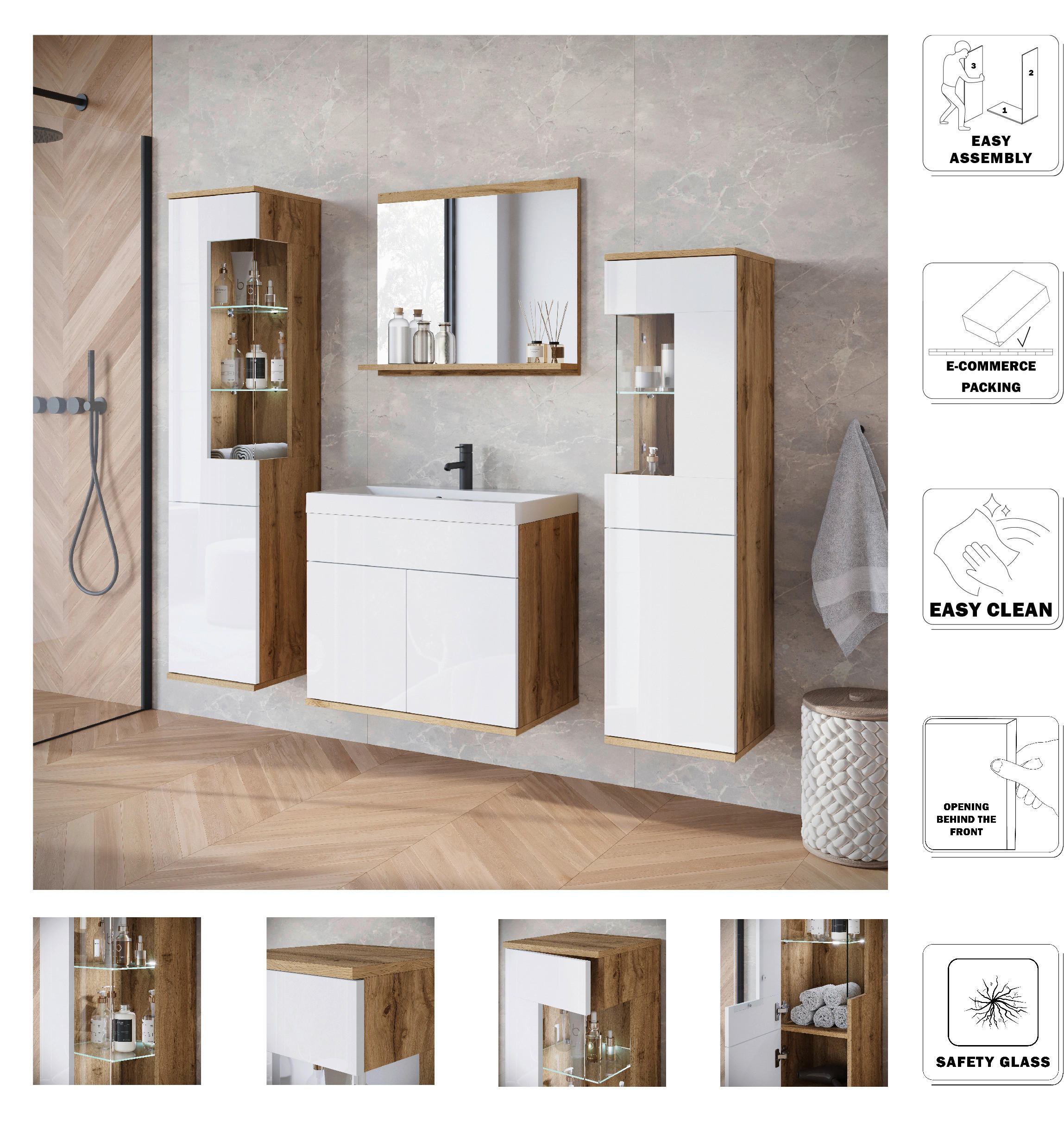 Thumbnail - P & B Badezimmer, Eiche Wotan, Weiß Hochglanz, Holzwerkstoff, 5-teilig, 5 Fächer, 120.4 cm, Fsc, hängend, Spiegel mit Ab...