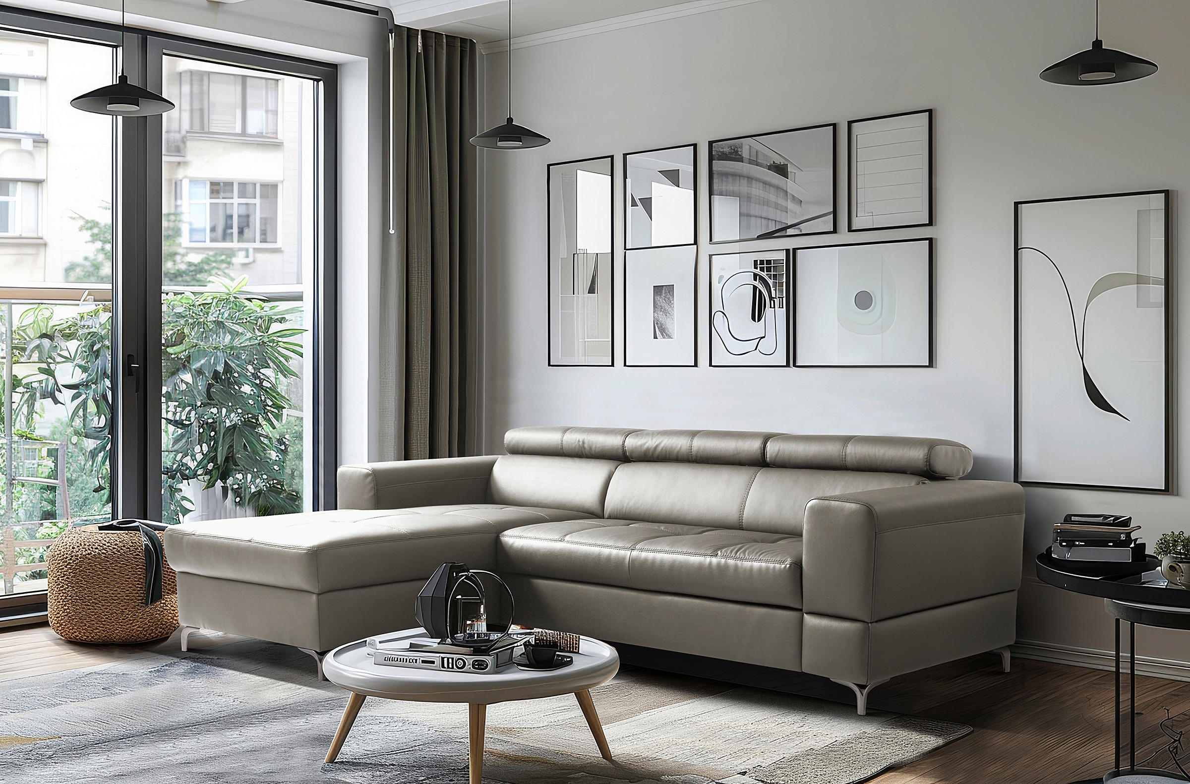 ECKSOFA Schlammfarben Echtleder Lederlook Bettkasten, Schlaffunktion, Rücken echt, Kopfteilverstellung  - Schlammfarben/Schwarz, Design, Leder/Textil (173/247cm) - Livetastic