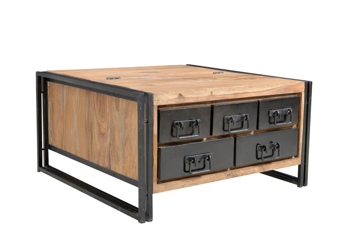 COUCHTISCH Akazie massiv 90/90/47 cm quadratisch Naturfarben, Schwarz  - Schwarz/Naturfarben, Design, Holz/Metall (90/90/47cm) - MID.YOU