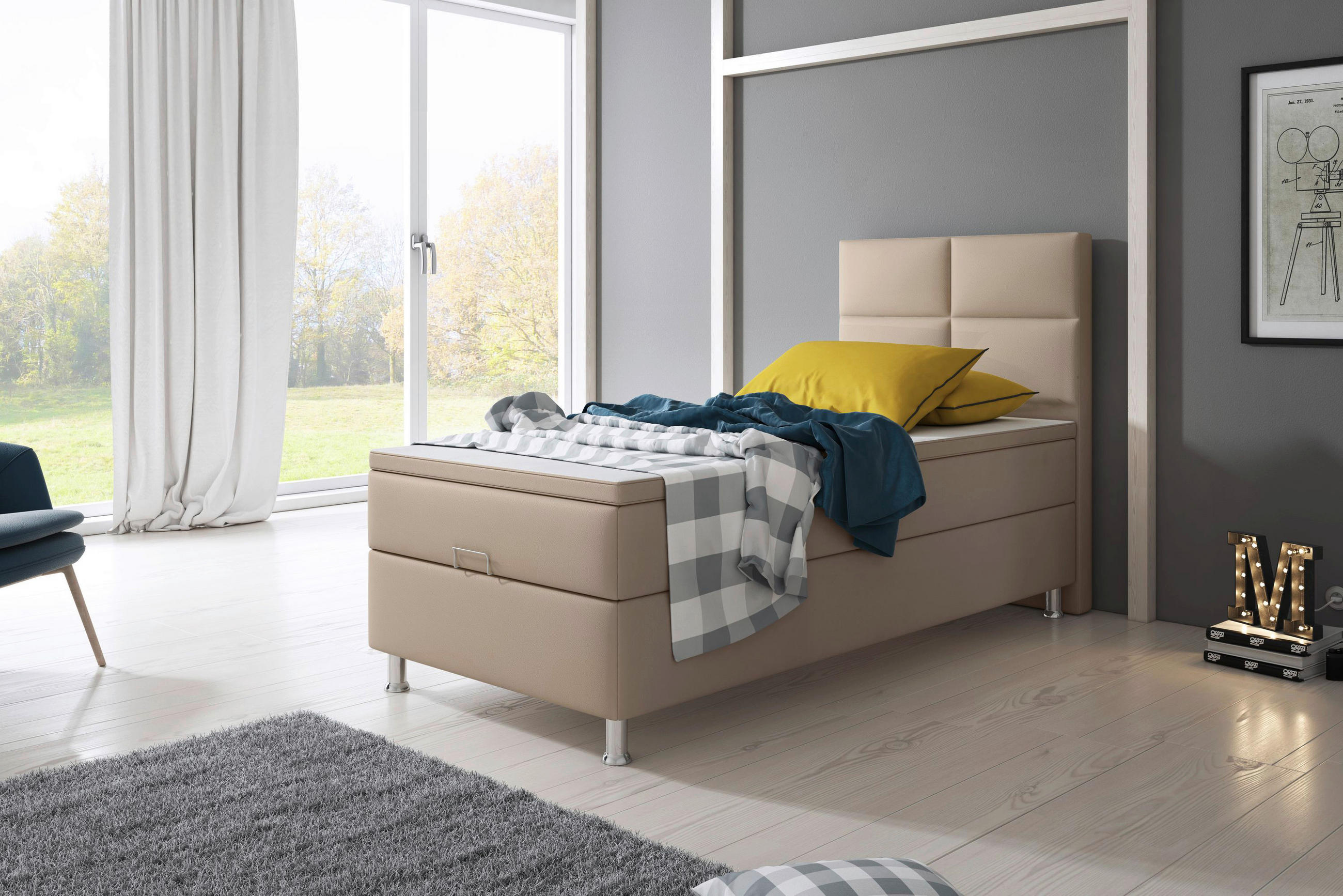 Boxspringbett mit Topper  in Cappuccino  - Silberfarben/Cappuccino, KONVENTIONELL, Leder/Textil (90/115/210cm) - MID.YOU
