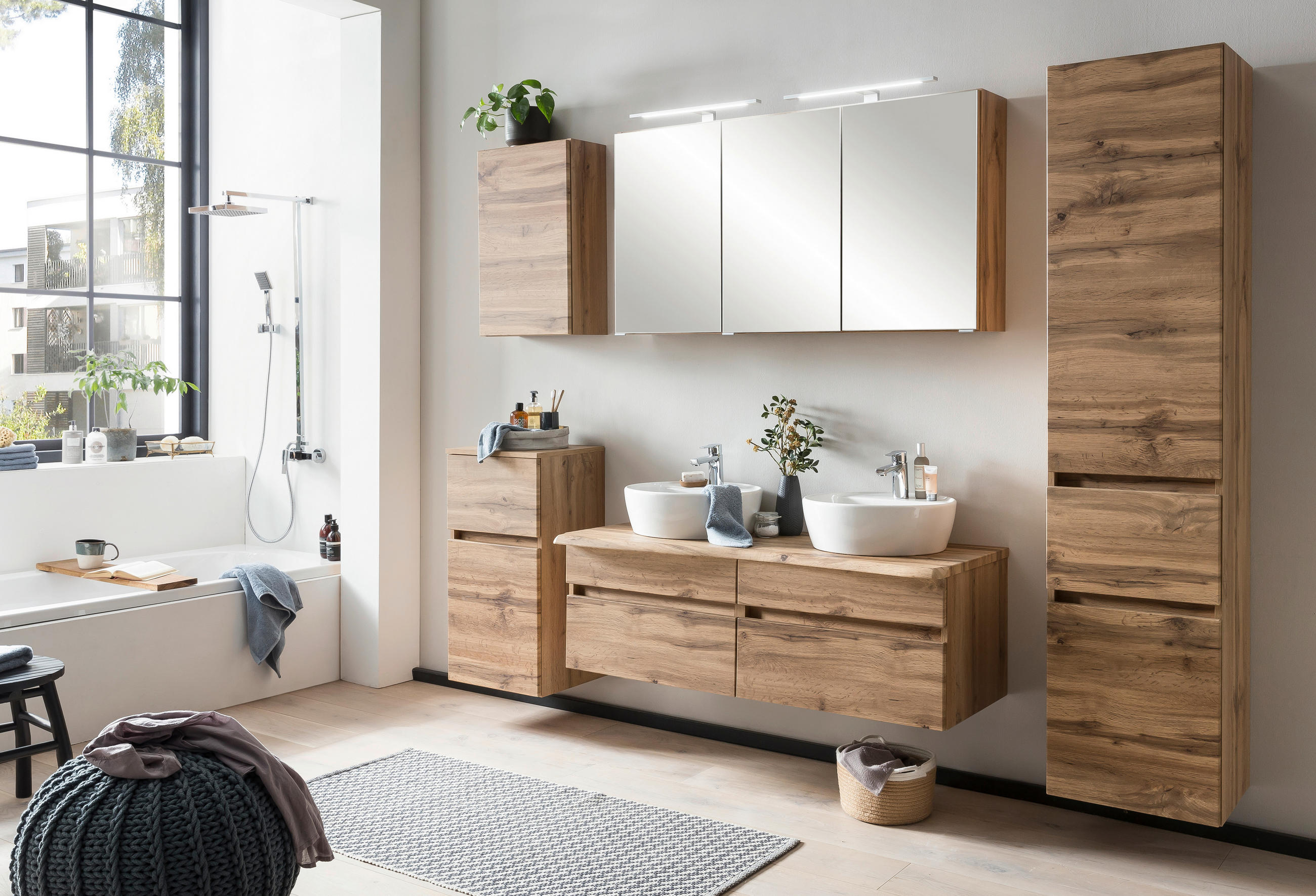 Thumbnail - Xora Waschtischkombi Bogen, Eiche Wotan, Holzwerkstoff, 4 Schubladen, einzeln stellbar, 121 cm, Made in Germany, hängend...