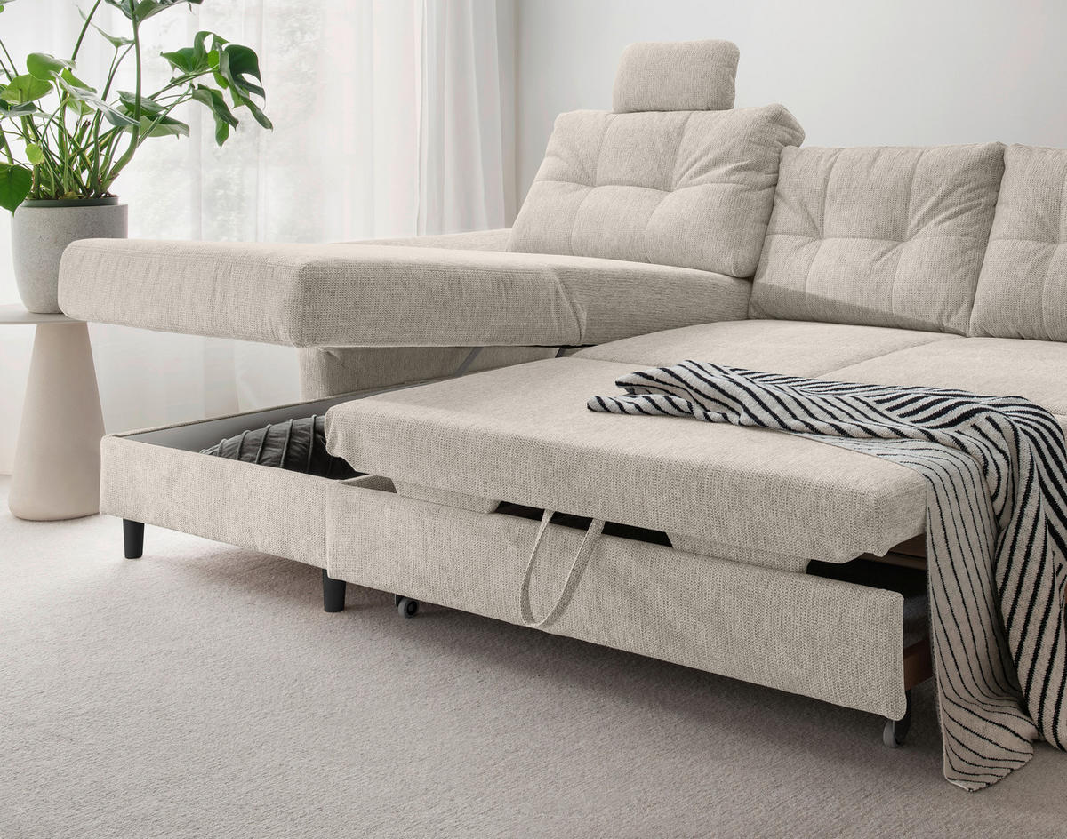 WOHNLANDSCHAFT in Chenille Beige  - Beige/Schwarz, Modern, Holz/Textil (176/338/206cm) - Livetastic