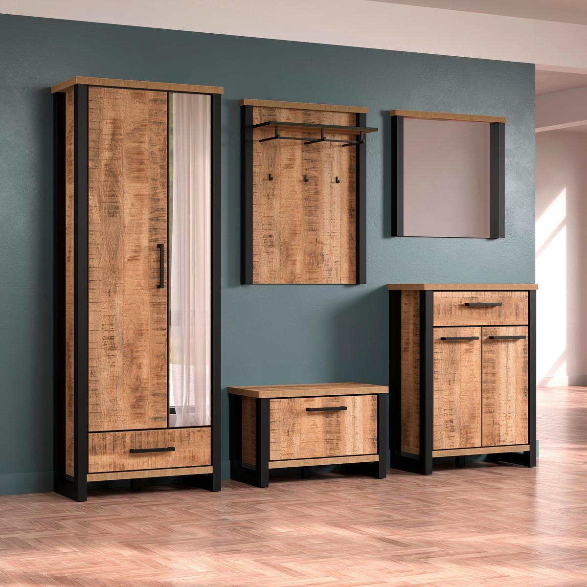 GARDEROBE 5-teilig  in 249/195/39 cm  - Schwarz/Naturfarben, Basics, Glas/Holzwerkstoff (249/195/39cm) - MID.YOU