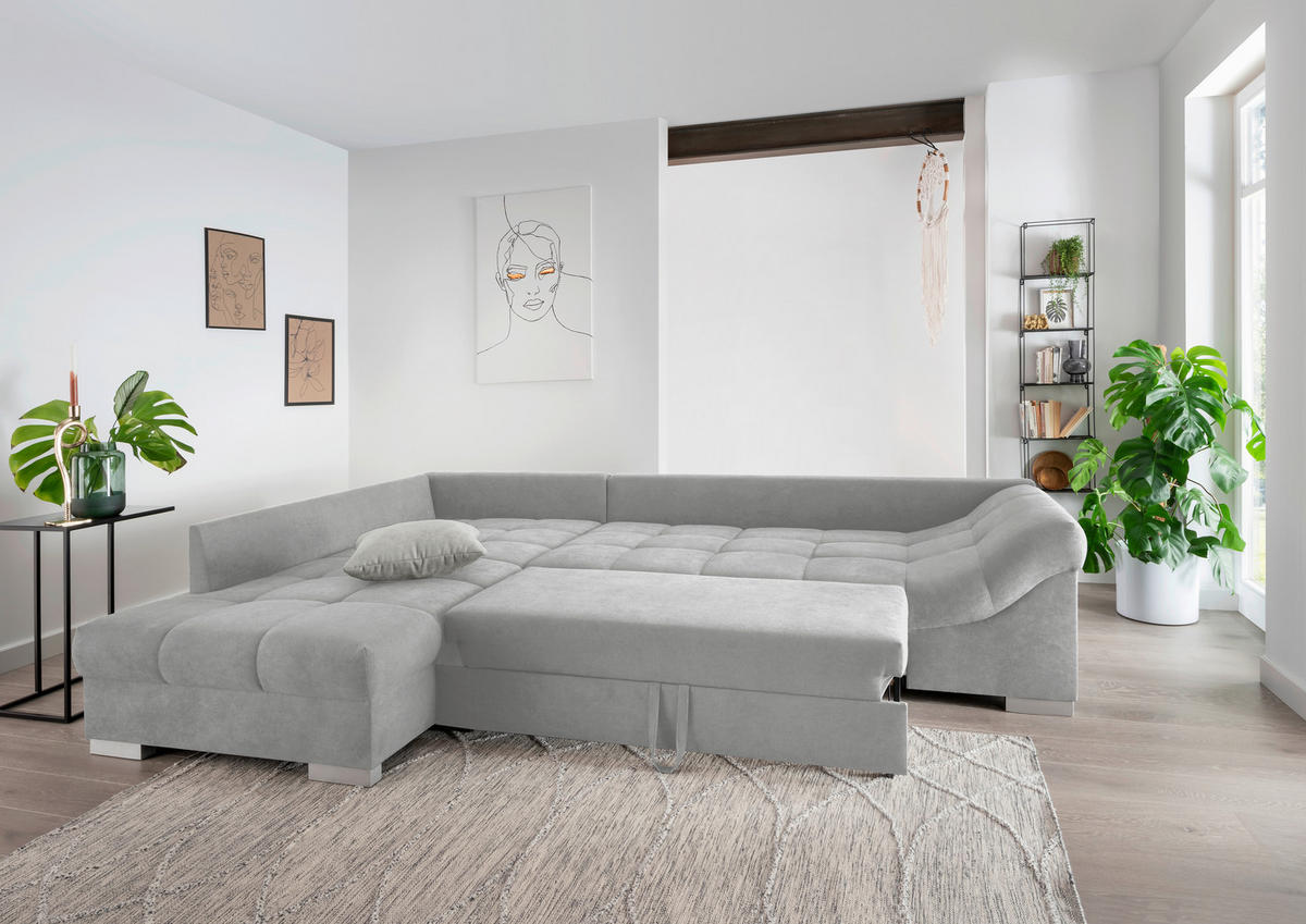 ECKSCHLAFSOFA  in Mikrofaser Hellgrau  - Silberfarben/Hellgrau, Design, Holz/Textil (202/298cm) - MID.YOU
