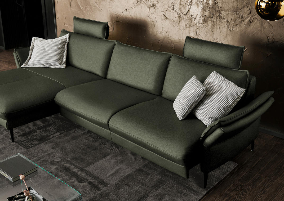 ECKSOFA in Echtleder Dunkelgrün  172/334 cm  - Dunkelgrün/Schwarz, Design, Leder/Metall (172/334cm) - Hukla