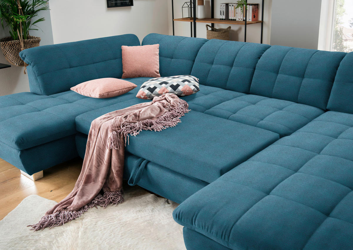 WOHNLANDSCHAFT in Mikrofaser Blau  - Chromfarben/Blau, Design, Kunststoff/Textil (211/350/204cm) - Xora