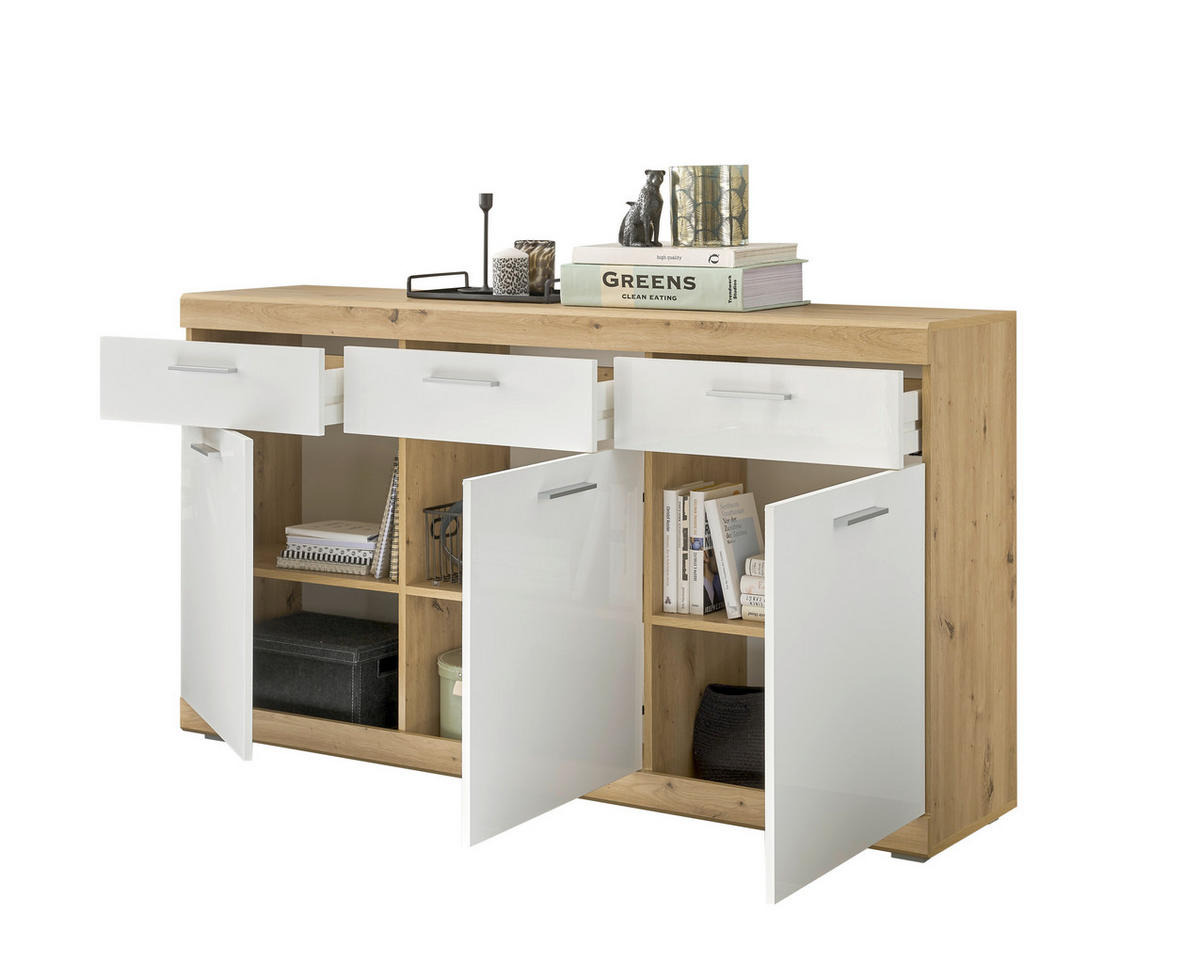 SIDEBOARD  165/91/38 cm 3 Schublade(n)  - Weiss Hochglanz/Silberfarben, Design, Holzwerkstoff/Kunststoff (165/91/38cm) - MID.YOU