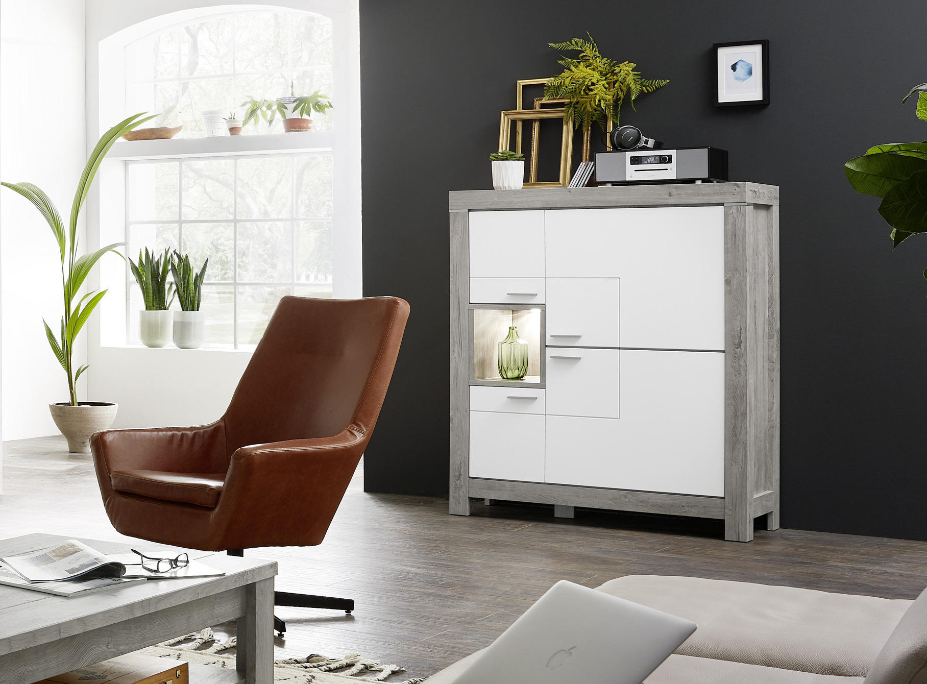 HIGHBOARD Weiß, Eichefarben - Eichefarben/Silberfarben, LIFESTYLE, Holzwerkstoff (118/140/42cm) - Landscape