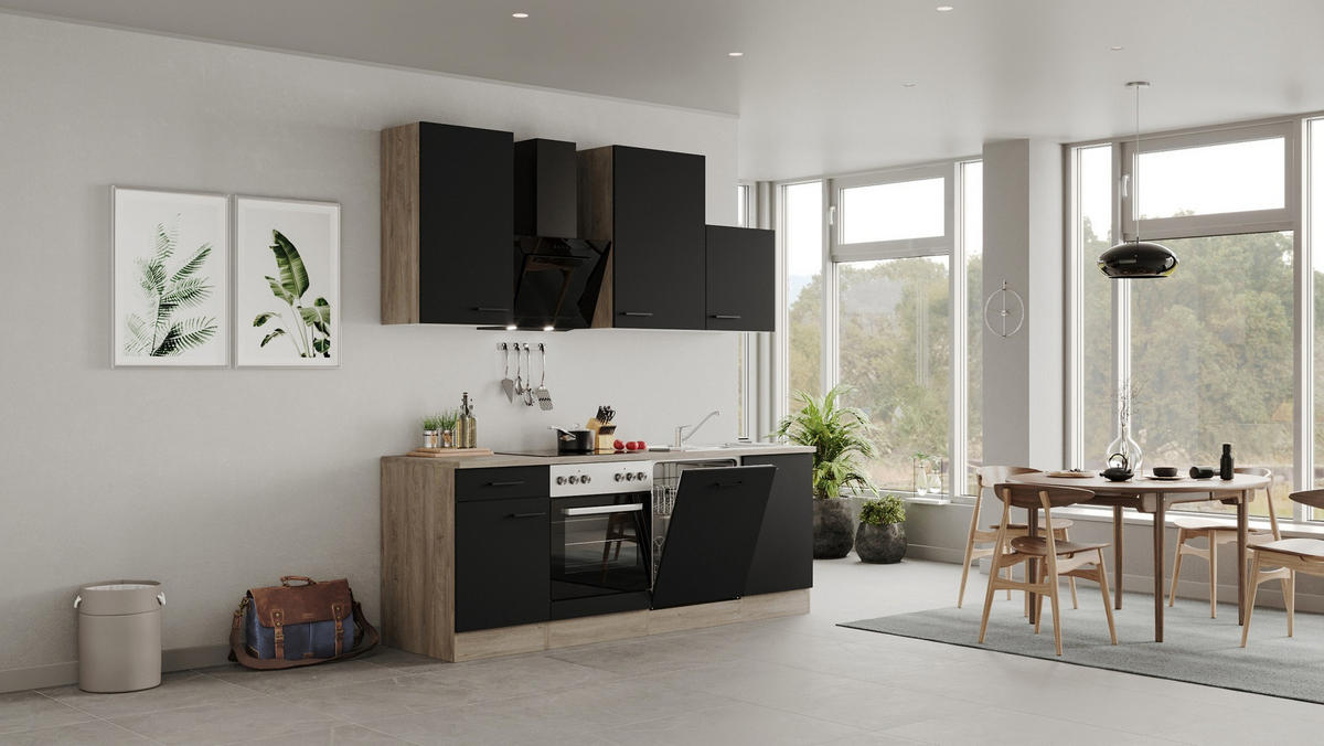 KUCHYŇSKÁ LINKA CAPRI 220 - černá/barvy dubu, Moderní, kov/kompozitní dřevo (220cm) - FlexWell