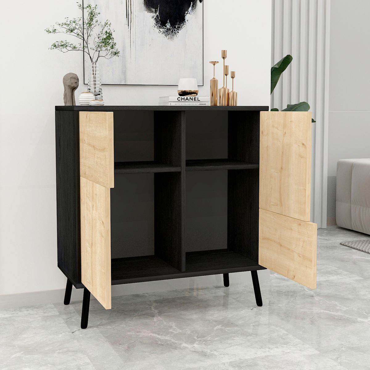KOMMODE , 35/79/76,5 cm,  - Eichefarben/Schwarz, Design, Holz/Metall (35/79/76,5cm) - Livetastic