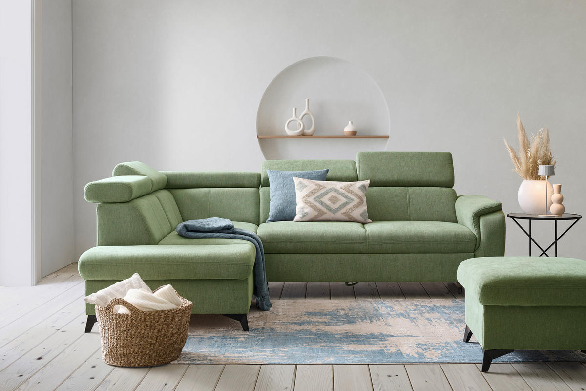 Ecksofa inkl. Funktionen in Chenille Hellgrün  - Schwarz/Hellgrün, Design, Textil/Metall (203/260cm) - Stylife