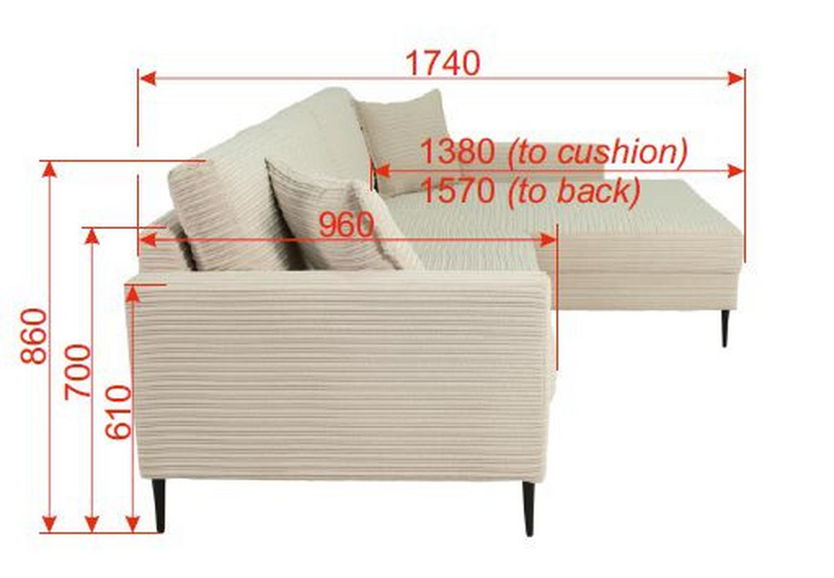 ECKSOFA Hellgrau Cord  - Hellgrau/Schwarz, KONVENTIONELL, Textil/Metall (173/276cm) - Carryhome