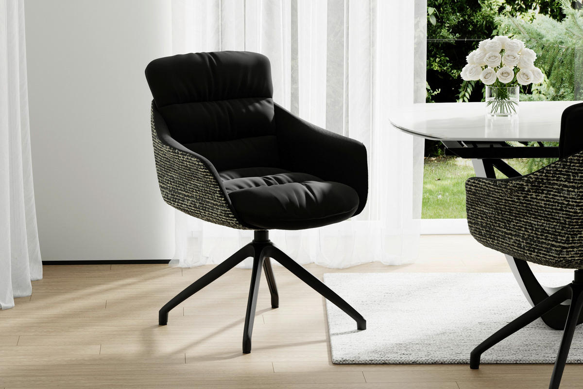 ARMLEHNSTUHL  Sitzfläche 360° drehbar, inklusive Armlehnen, automatische Rückholfunktion Webstoff Echtleder  - Schwarz, Design, Leder/Textil (62/85,5/65cm) - Dieter Knoll