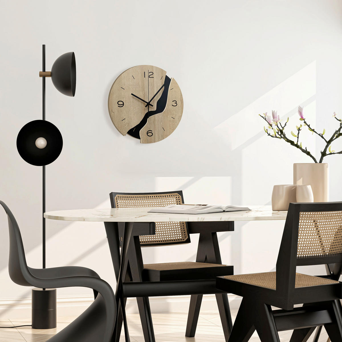 WANDUHR Schwarz, Eichefarben  - Eichefarben/Schwarz, Basics, Holz/Kunststoff (36cm)