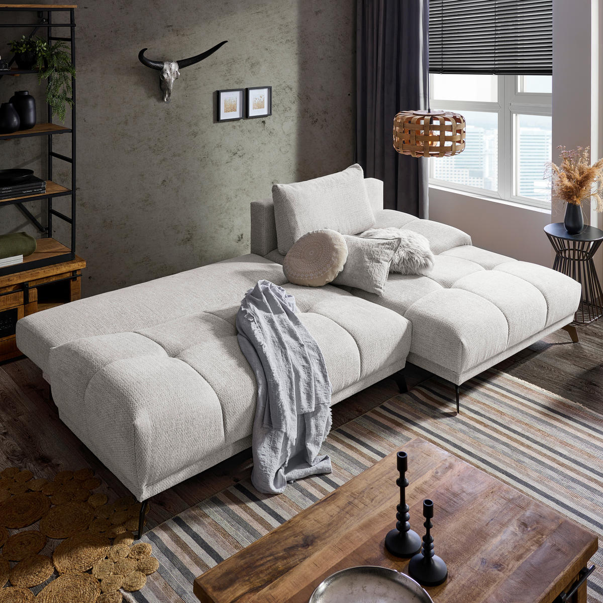 ECKSOFA in Chenille Hellgrau  - Hellgrau/Schwarz, Modern, Textil/Metall (290/182cm) - Hom`in