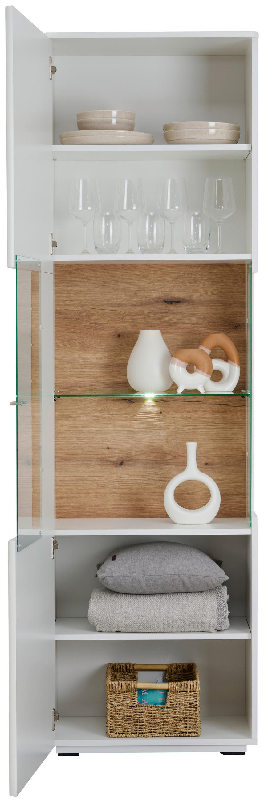VITRINE  in Weiß, Eichefarben - Eichefarben/Schwarz, Design, Glas/Holzwerkstoff (60/200/38cm) - Stylife