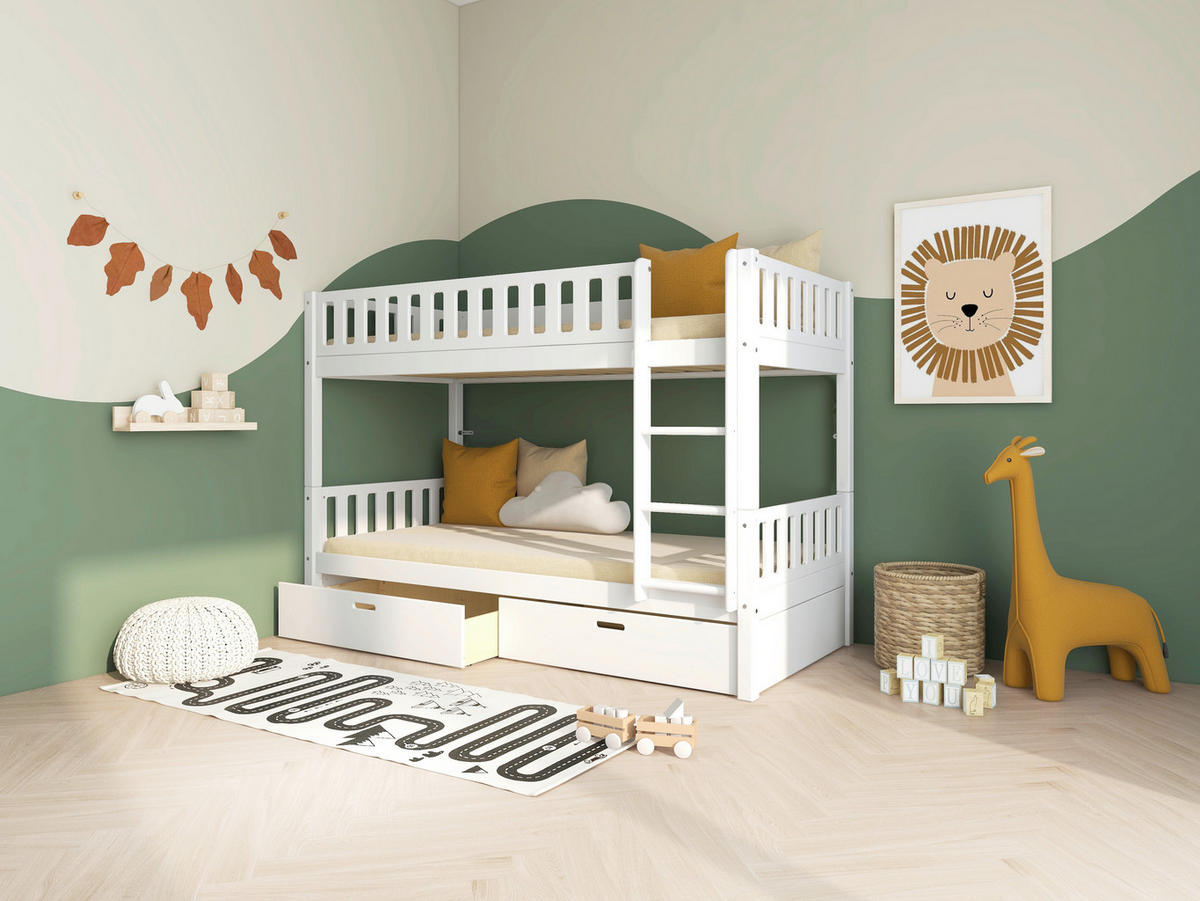 ETAGENBETT 90/200 cm,  in Absturzsicherung, Leiter, Rollroste, Bettschublade  - Weiß, MODERN, Holz (90/200cm) - Chameo