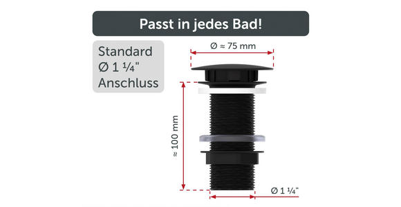 ABLAUFVENTIL 7,0/6,5/7,0 cm  - Schwarz, Basics, Metall (7,0/6,5/7,0cm) - Xora