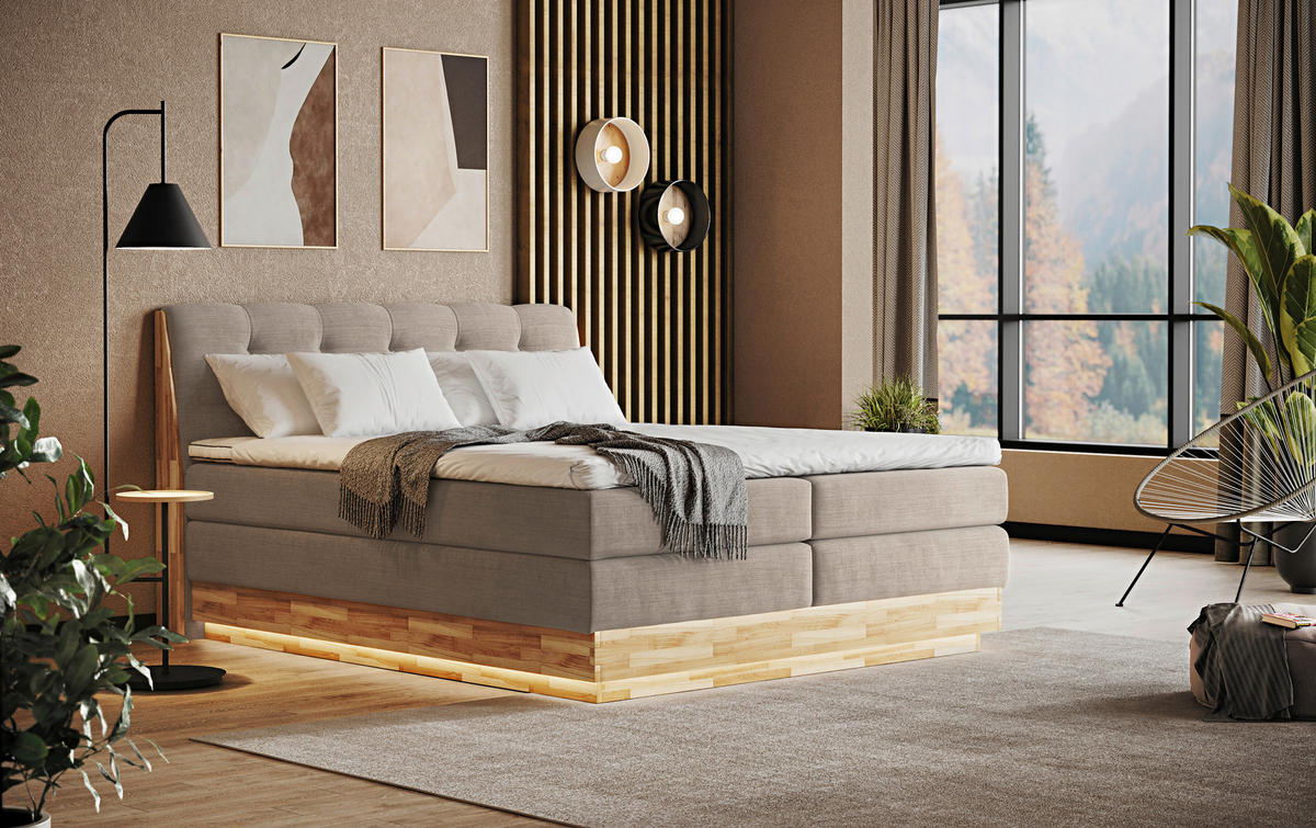 BOXSPRINGBETT 180/200 cm  in Creme  - Creme/Schwarz, Natur, Holz/Textil (180/200cm)