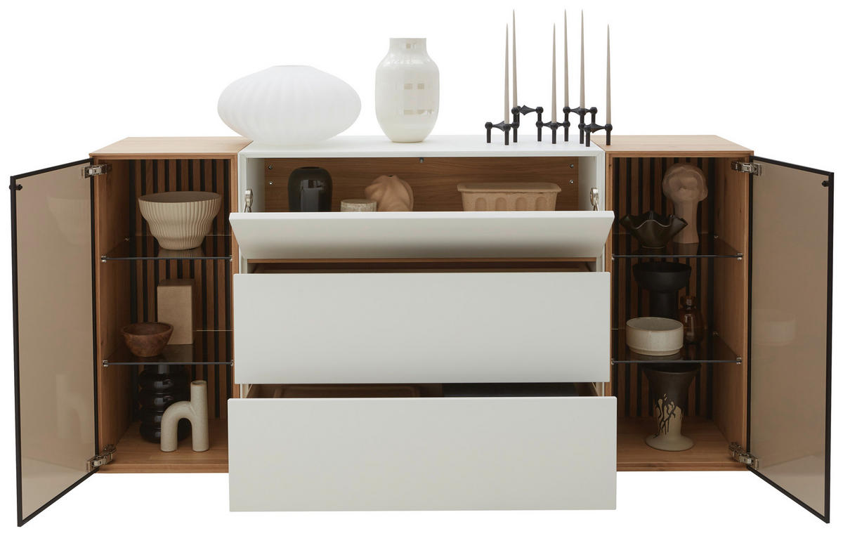 SIDEBOARD Weiss, Eichefarben  182/90/44 cm  - Weiss/Eichefarben, Design, Glas/Holz (182/90/44cm) - Johann Jakob