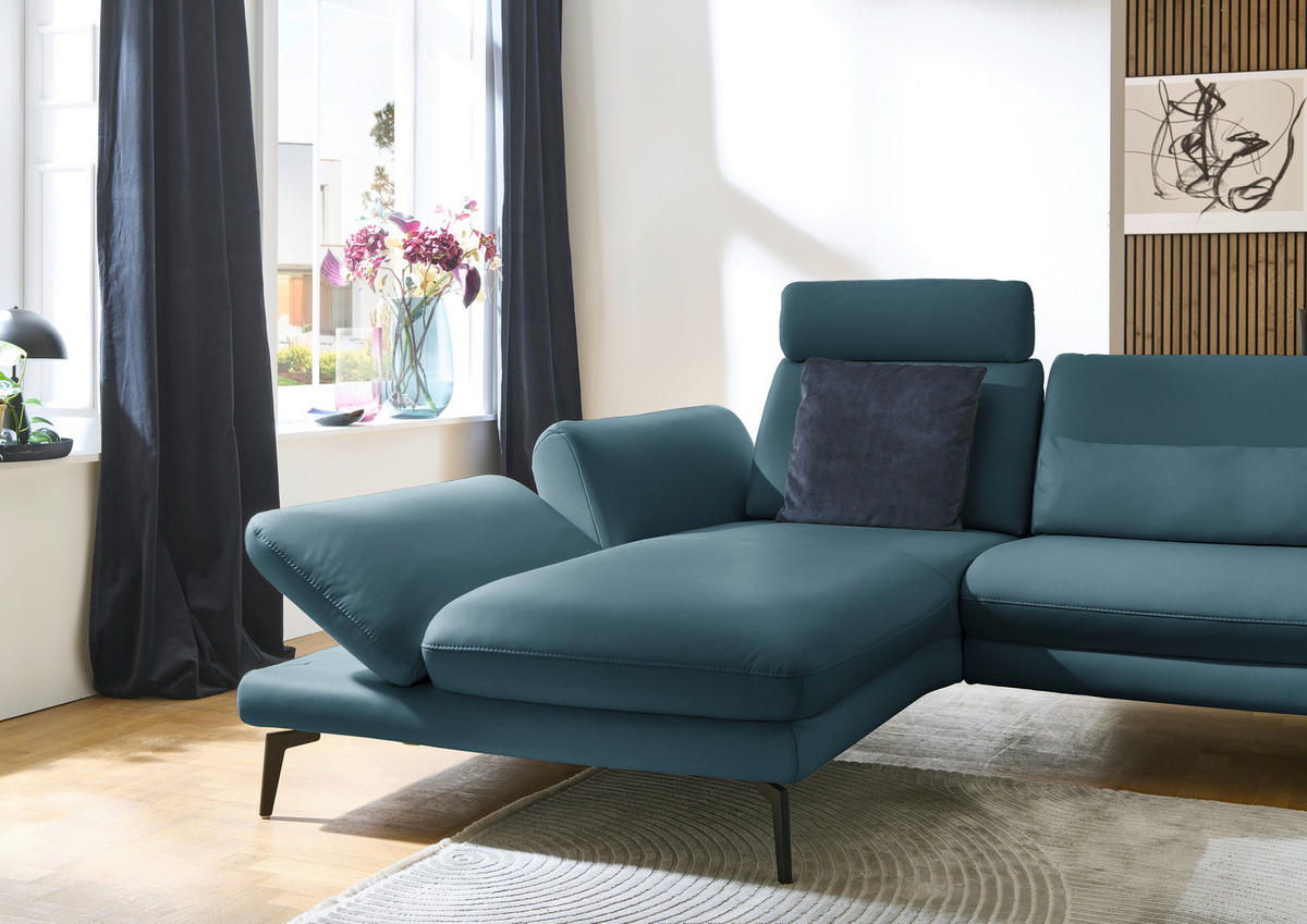 ECKSOFA in Echtleder Blau  - Blau/Schwarz, Design, Leder/Metall (195/308cm) - Dieter Knoll