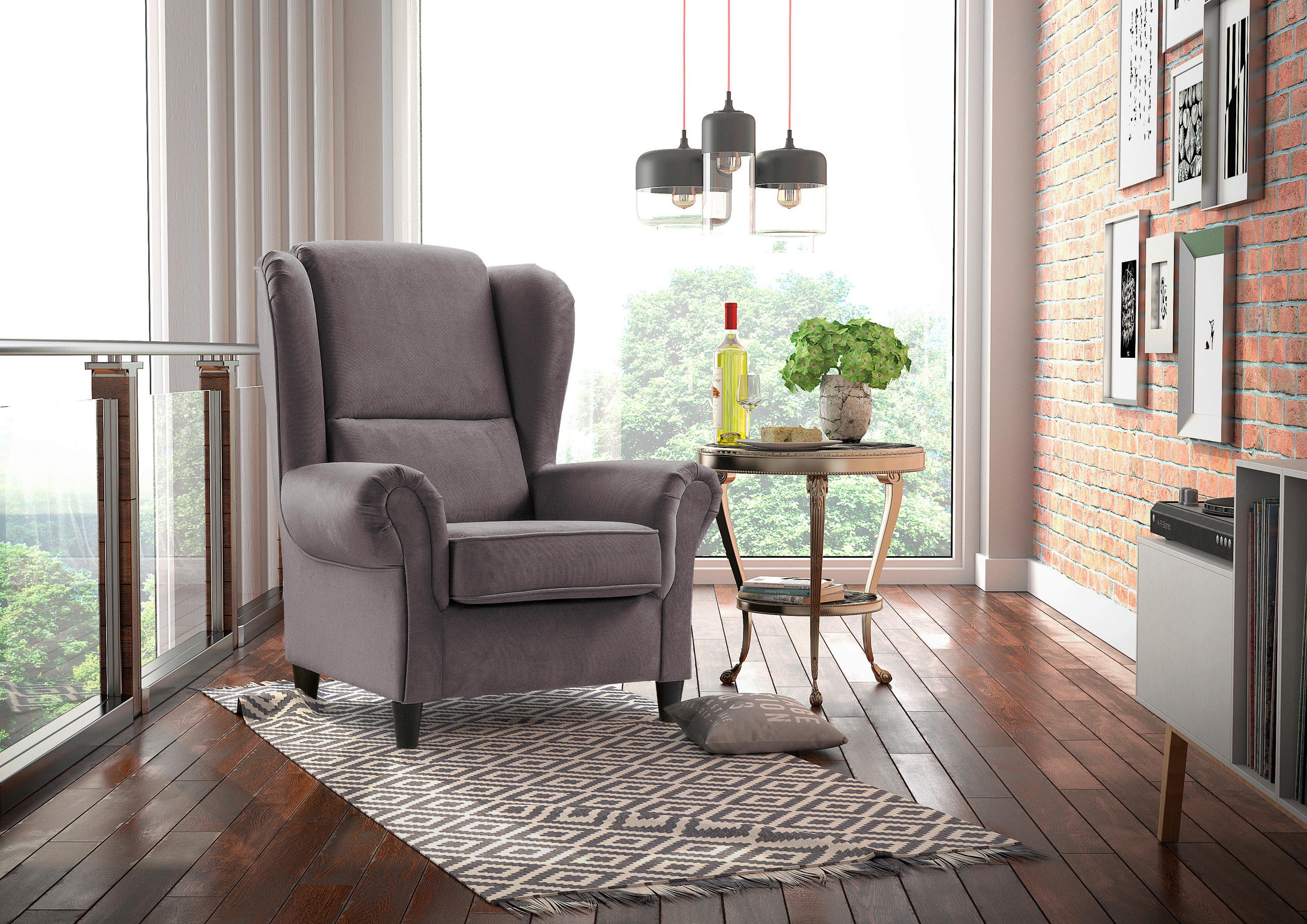 OHRENSESSEL Plüsch Dunkelgrau  - Dunkelgrau/Schwarz, Design, Holz/Textil (94/112/92cm) - MID.YOU