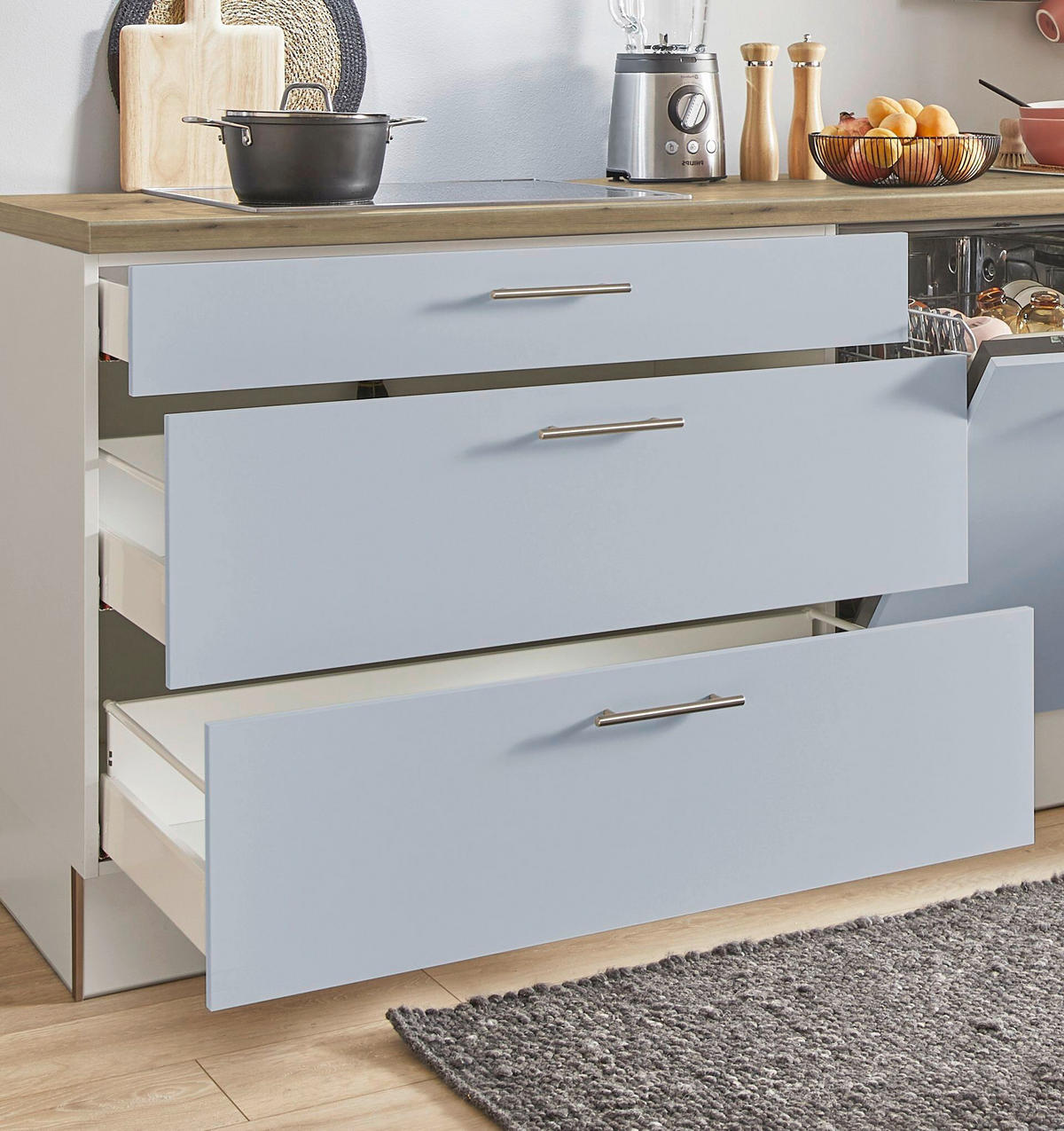 KÜCHENBLOCK PN 105 280 cm  in Eichefarben, Kaschmir, Pastellblau  - Kaschmir/Edelstahlfarben, Design, Holzwerkstoff/Metall (280cm) - Pino