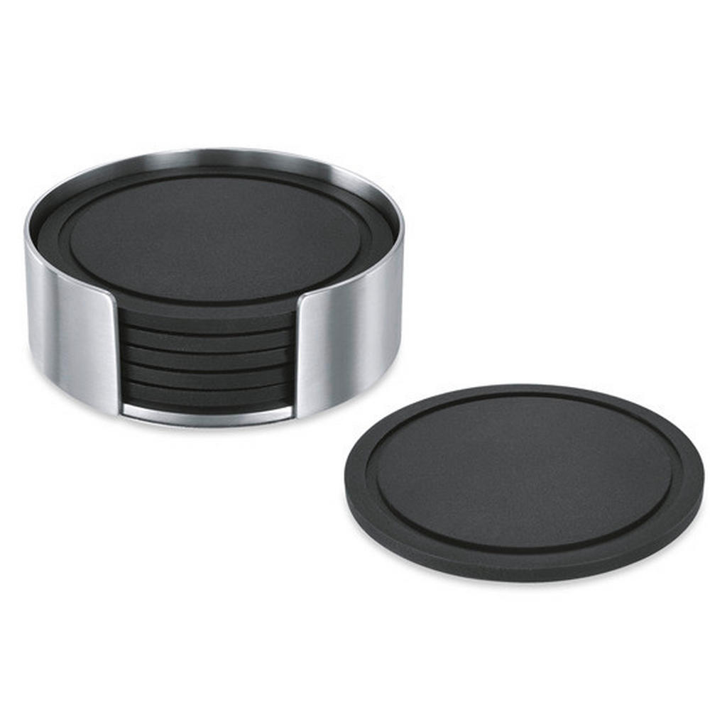 Thumbnail - Zack Glasuntersetzerset Vetro, Schwarz, Edelstahl, Metall, Kunststoff, 7-teilig, rund, 9x3.5x9 cm, Wohntextilien, Tischw...