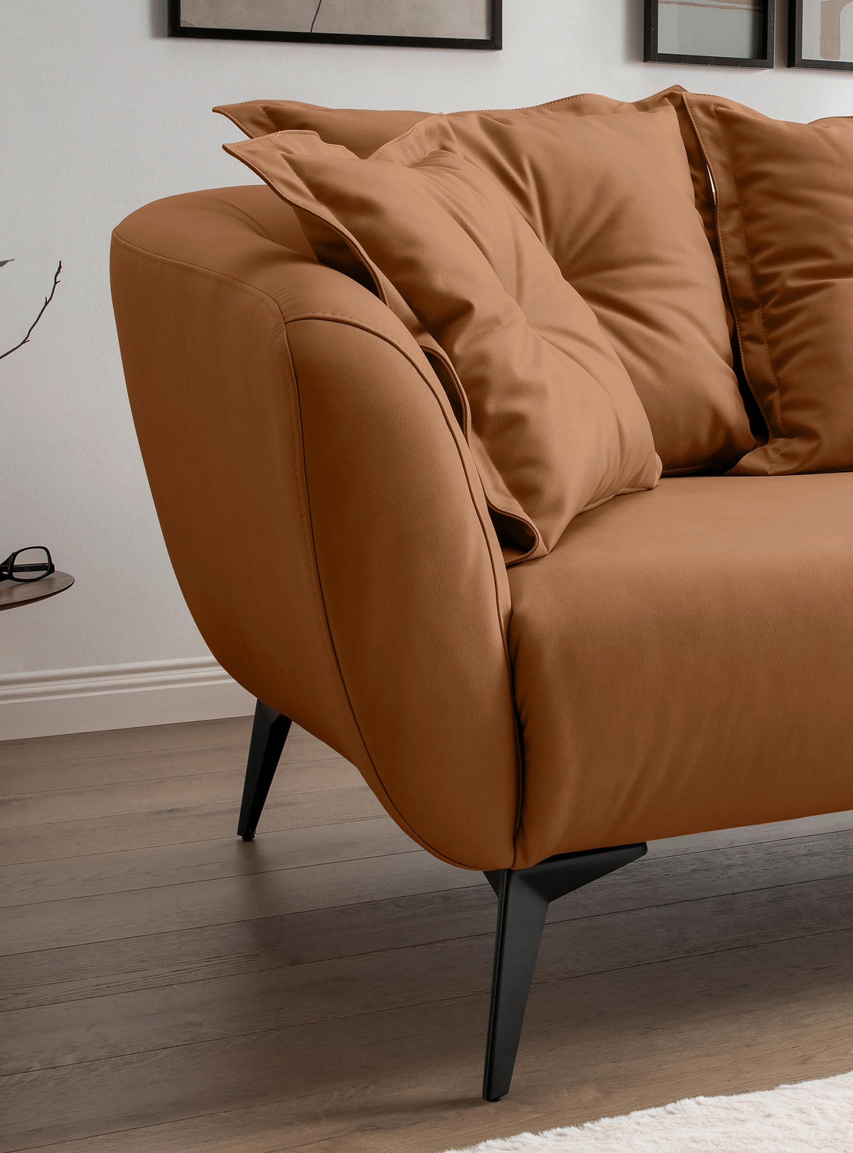 ECKSOFA in Lederlook Cognac  - Cognac/Schwarz, Modern, Textil/Metall (277/162cm) - Livetastic