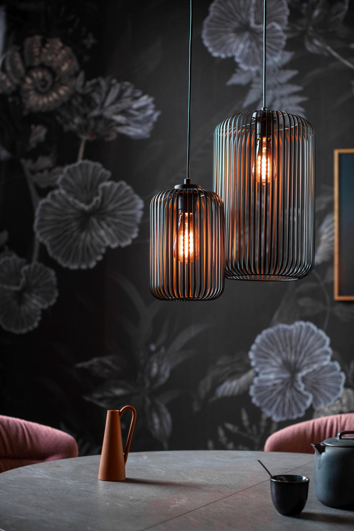 VISEČA NIHALNA SVETILKA  Cage      16/150 cm     40,0 W E27 - črna/peščene barve, Design, kovina/tekstil (16/150cm) - Schöner Wohnen